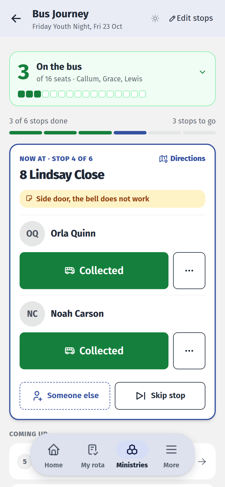 A bus run on a phone, listing stops and the passengers at each