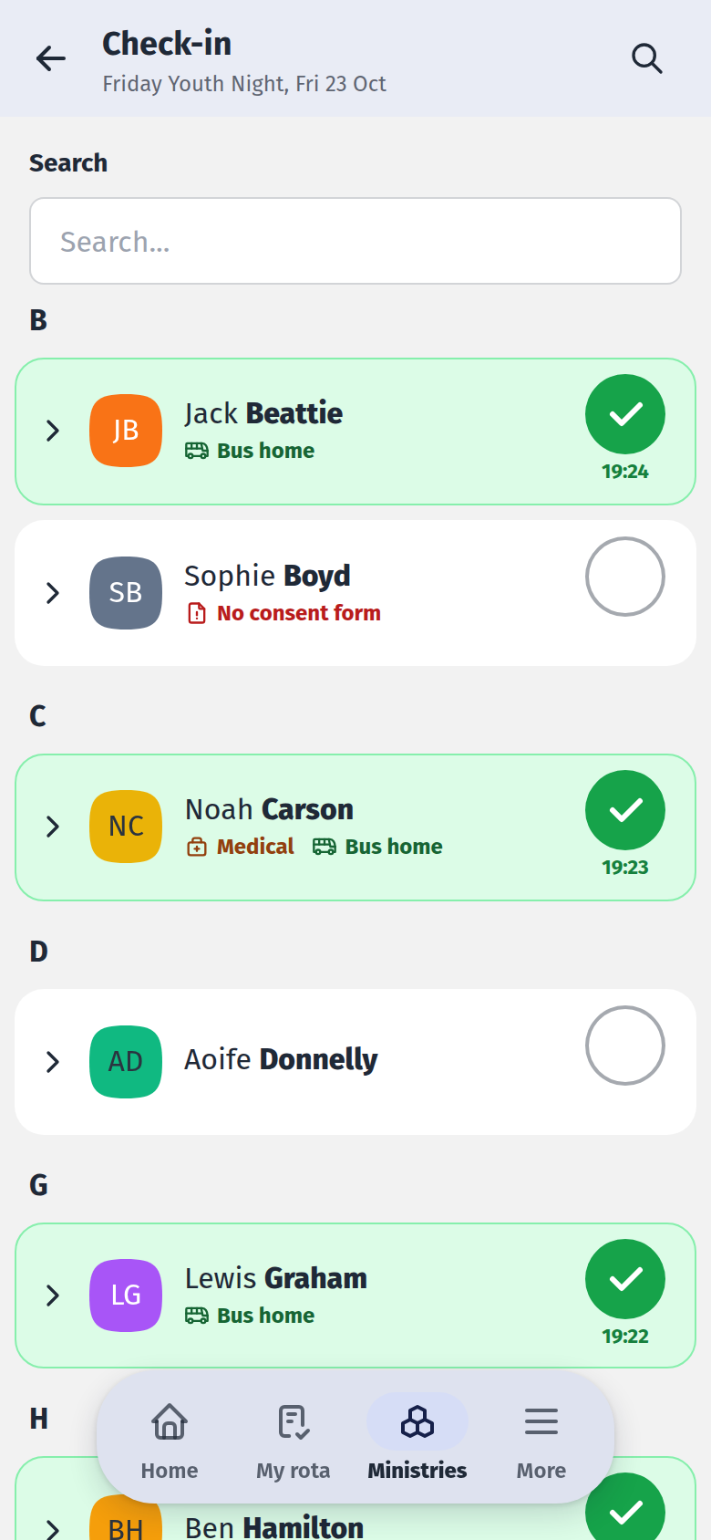 The check-in list for a youth night on a phone