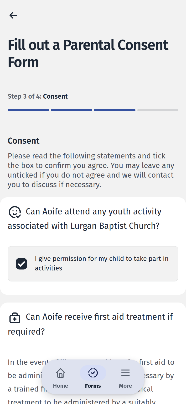 The consent step of the parental consent form on a phone