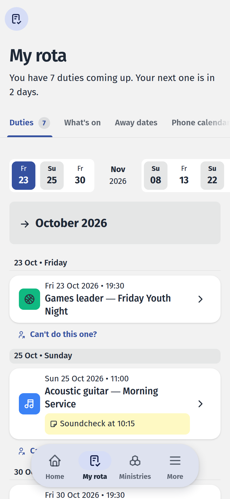 A volunteer's upcoming duties on a phone